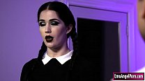Small tits goth Wednesday Addams is convinced by a tattooed guy to get fucked.He kisses her and makes her deepthroat his big cock.She facesits him and is doggystyled rough.He keeps on banging her