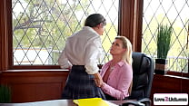 Petite student seduces the principal to not get kicked out.They kiss and the milf sucks the s small tits.The euro babe licks her cunt and is fingered
